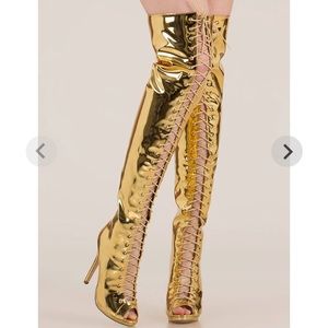 💋Gold Metallic Lace up Stiletto Thigh High💋NWT